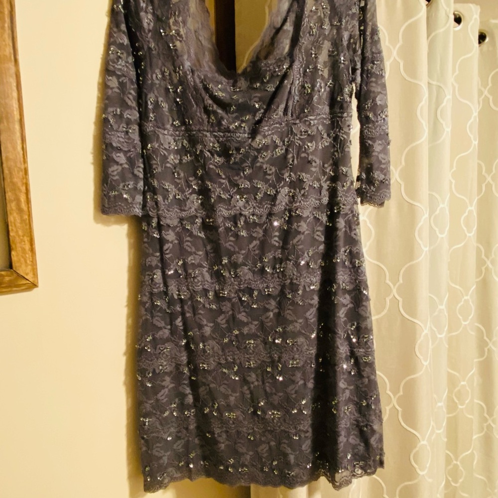 Chic Gray Long Sleeve Dress with Lace Detailing